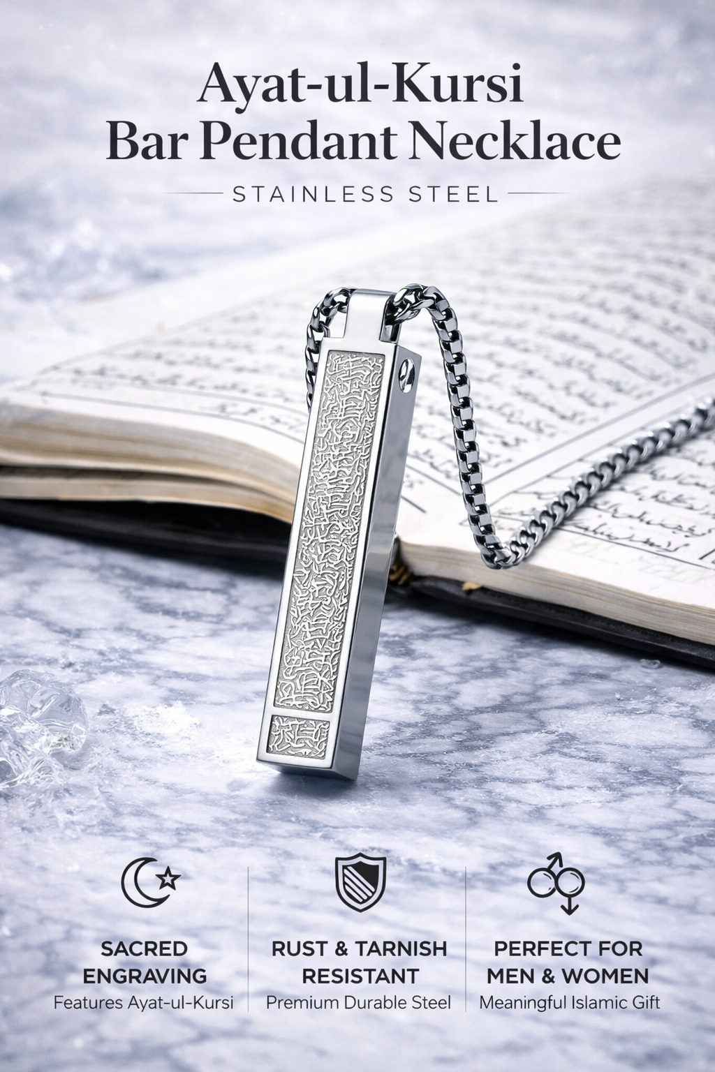 Ayat-ul-Kursi Bar Pendant Necklace – Stainless Steel